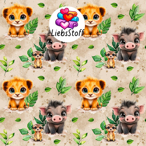 Meterware Bio Kinderstoff Afrika Löwe Tiere süß beige Stoff Sweat Stoff Jersey exklusiv Eigenproduktion French Terry Musselin Baumwolle