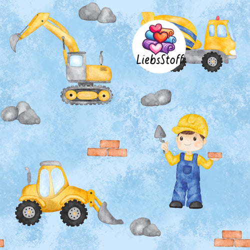 Meterware Bio Kinderstoff Achtung Baustelle Bagger Jungen Jersey exklusiv Eigenproduktion French Terry Musselin Baumwolle