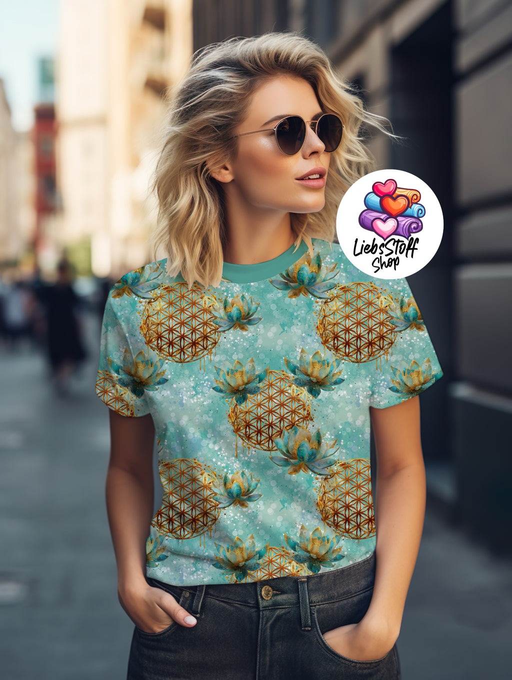 Meterware Stoff Blume des Lebens teal Gold Lotus