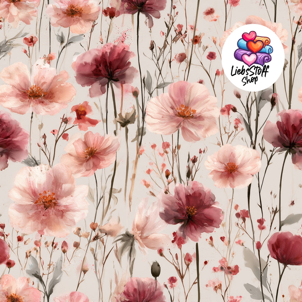 Meterware Stoff Wildblumen Pink Rosa auf Grau