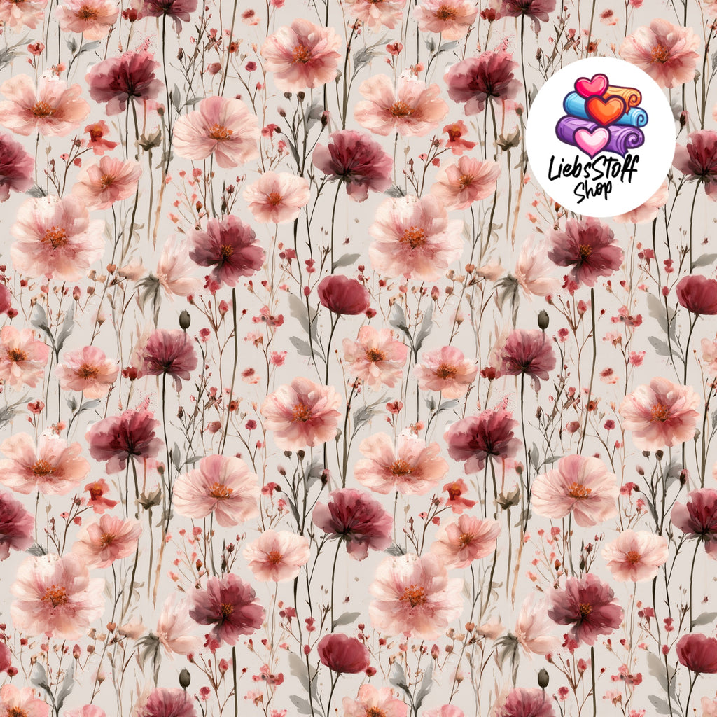 Meterware Stoff Wildblumen Pink Rosa auf Grau