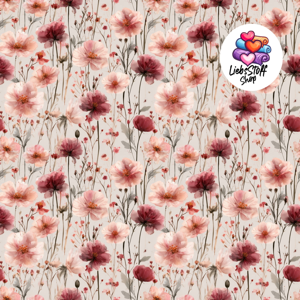 Meterware Stoff Wildblumen Pink Rosa auf Grau