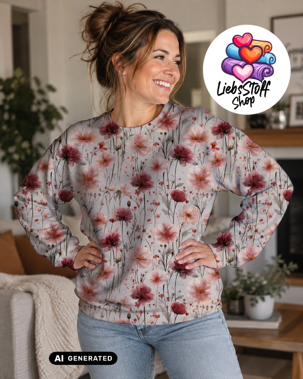 Meterware Stoff Wildblumen Pink Rosa auf Grau