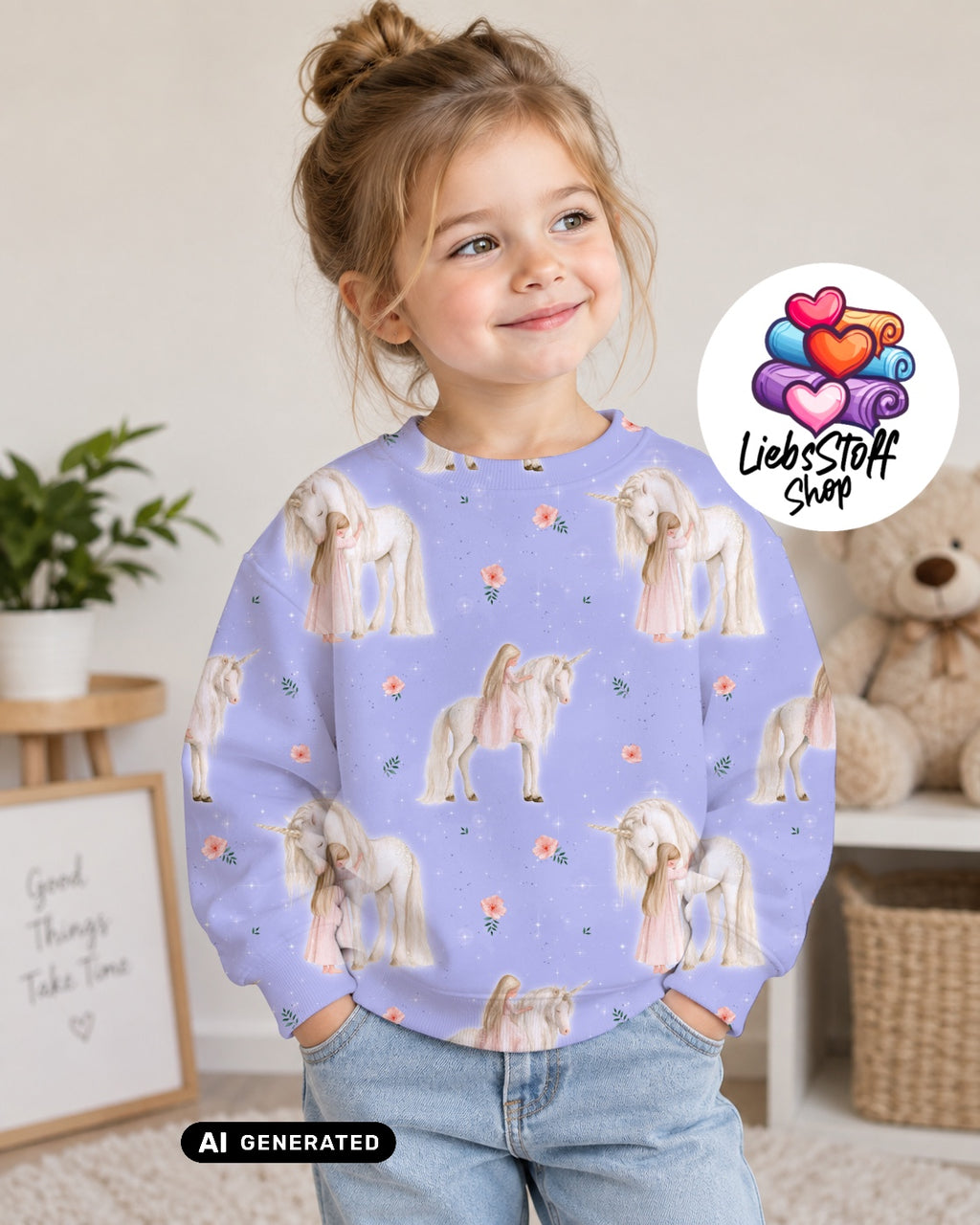 Meterware Stoff Mädchen mit Einhorn