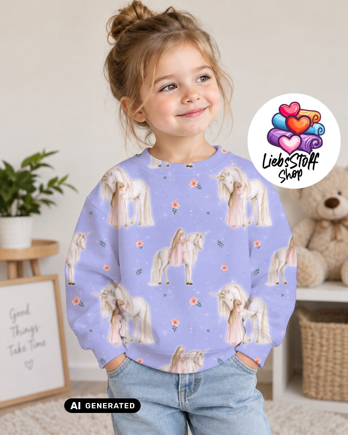 Meterware Stoff Mädchen mit Einhorn