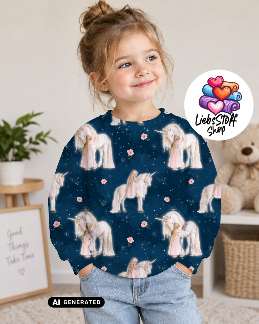Meterware Stoff Mädchen mit Einhorn