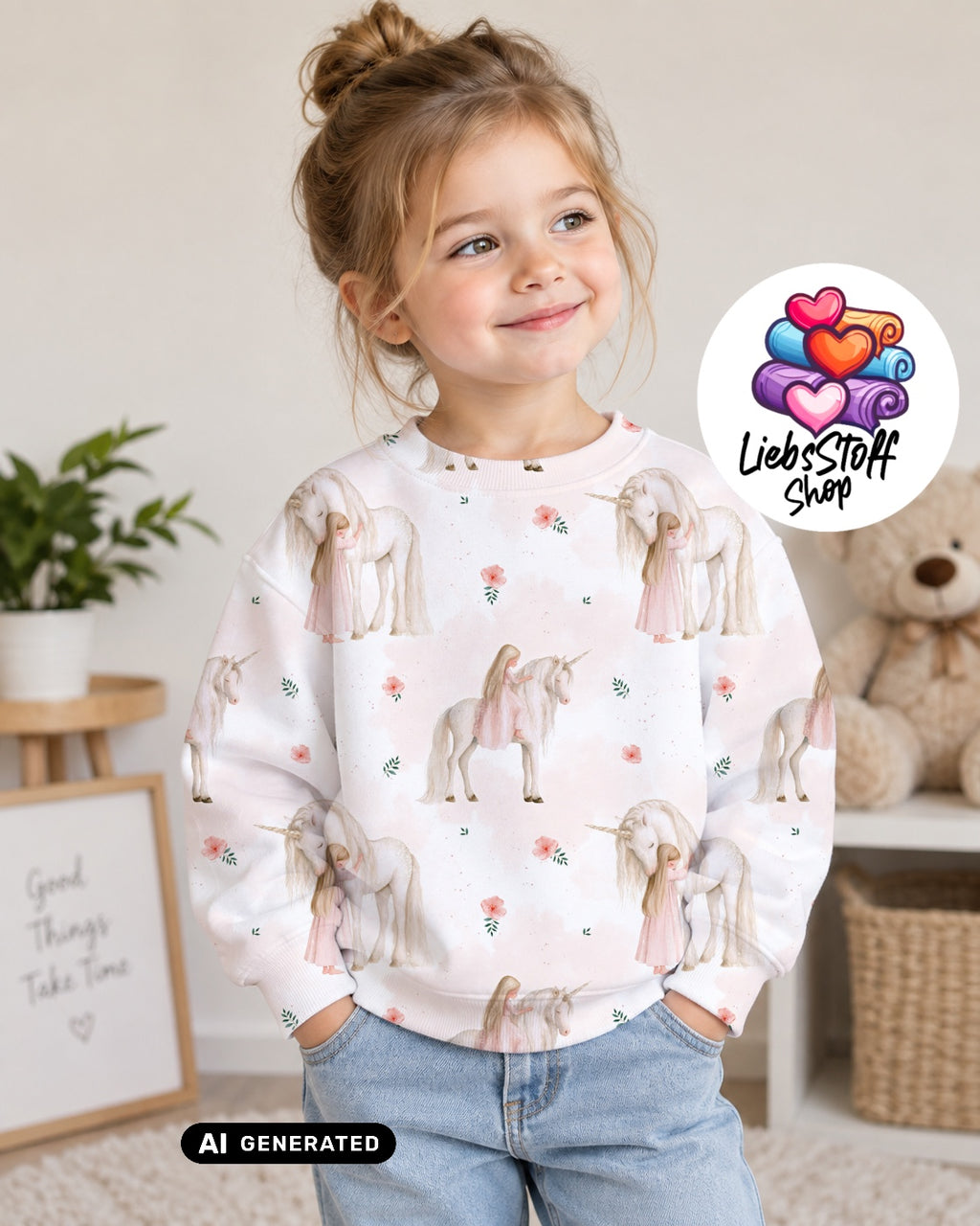 Meterware Stoff Mädchen mit Einhorn