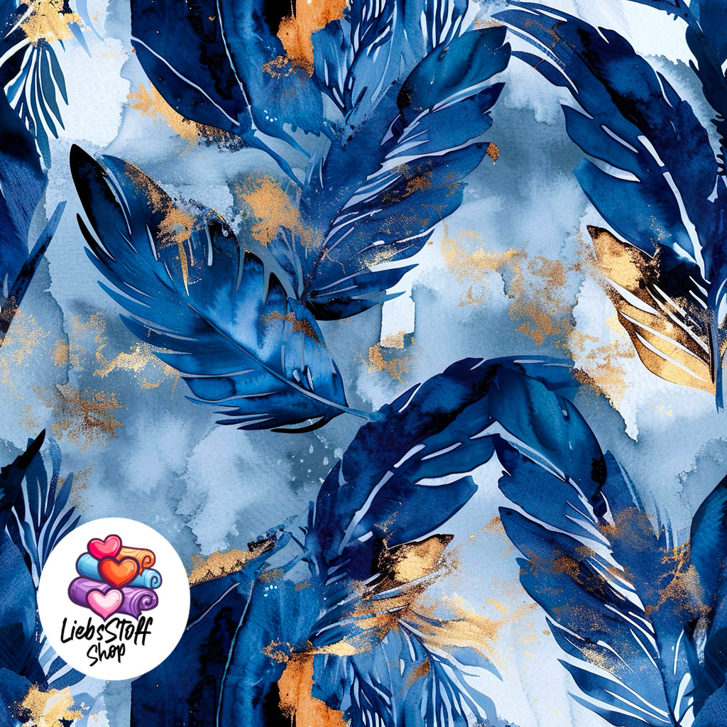 Meterware Stoff Blaue Federn Watercolor