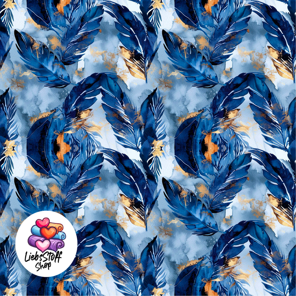 Meterware Stoff Blaue Federn Watercolor