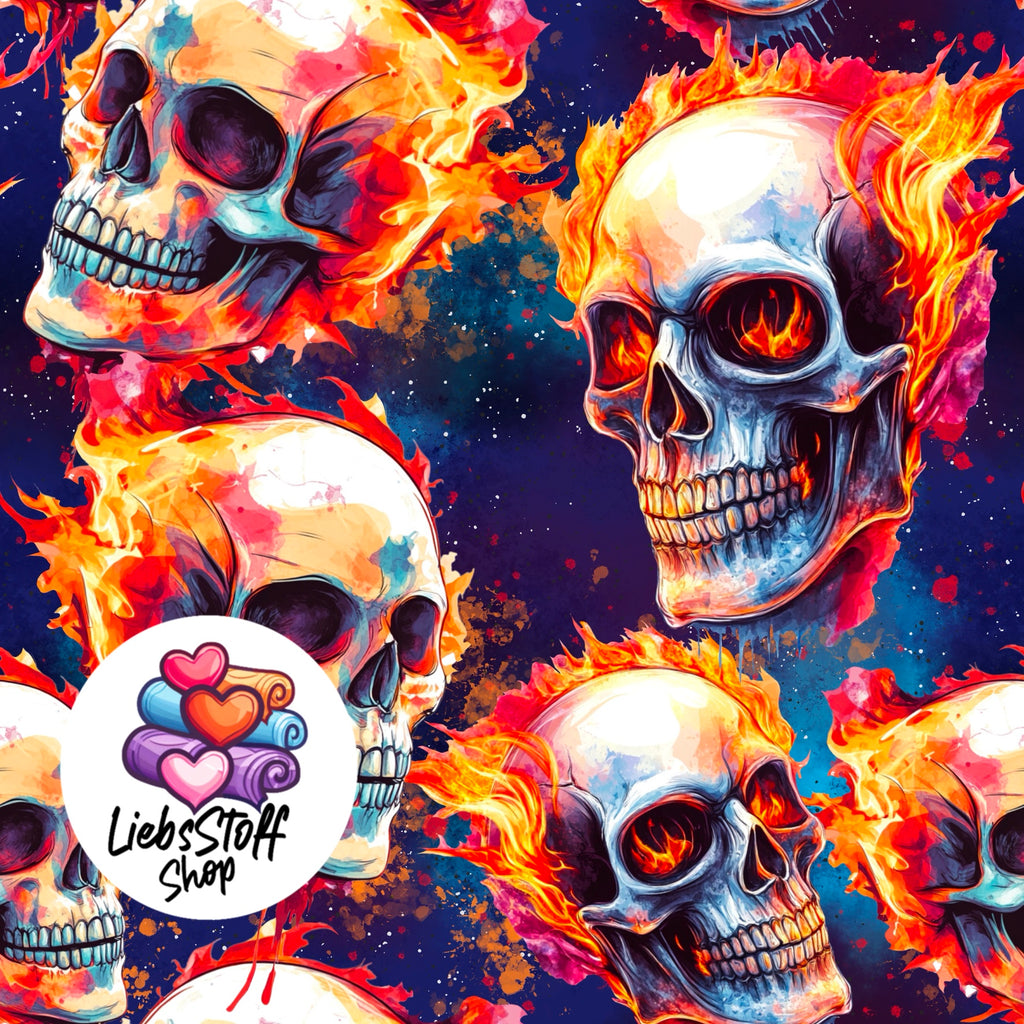 Meterware Stoff Totenkopf in Feuer