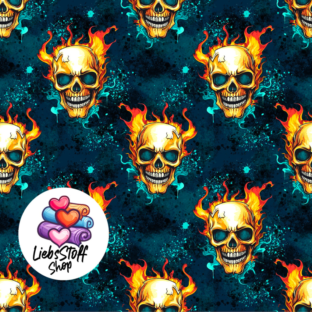 Meterware Stoff Totenkopf in Flammen
