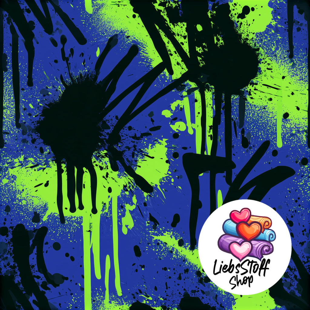 Meterware Stoff Cool Blau Neon Grün Graffiti