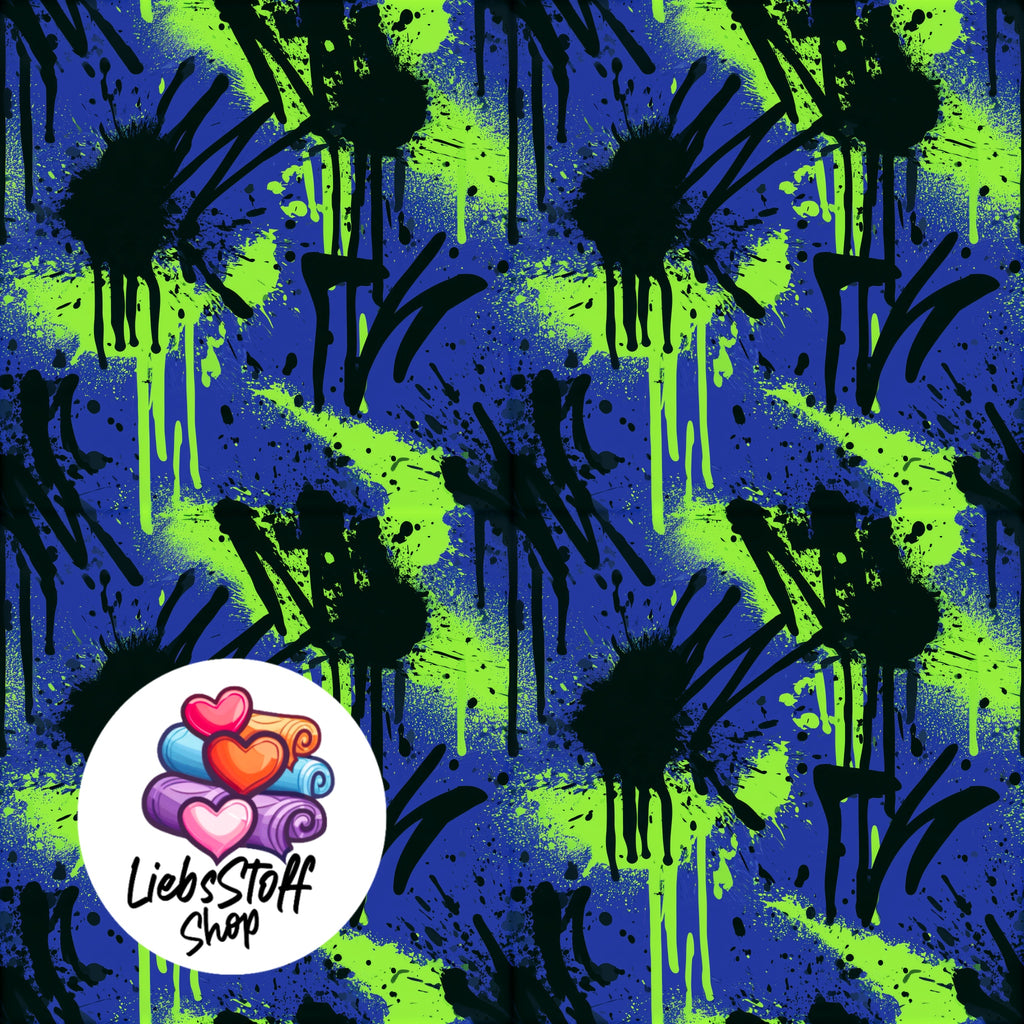 Meterware Stoff Cool Blau Neon Grün Graffiti