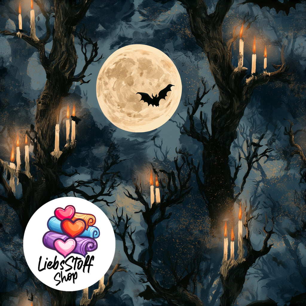 Meterware Stoff Vollmond Kerzen Wald