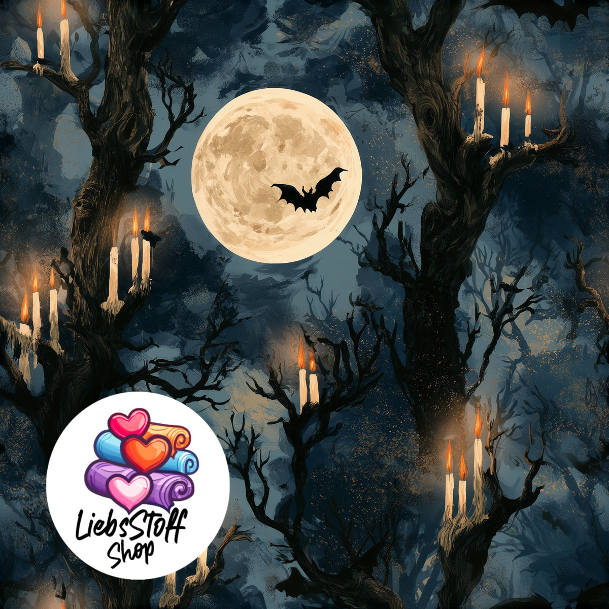 Meterware Stoff Vollmond Kerzen Wald