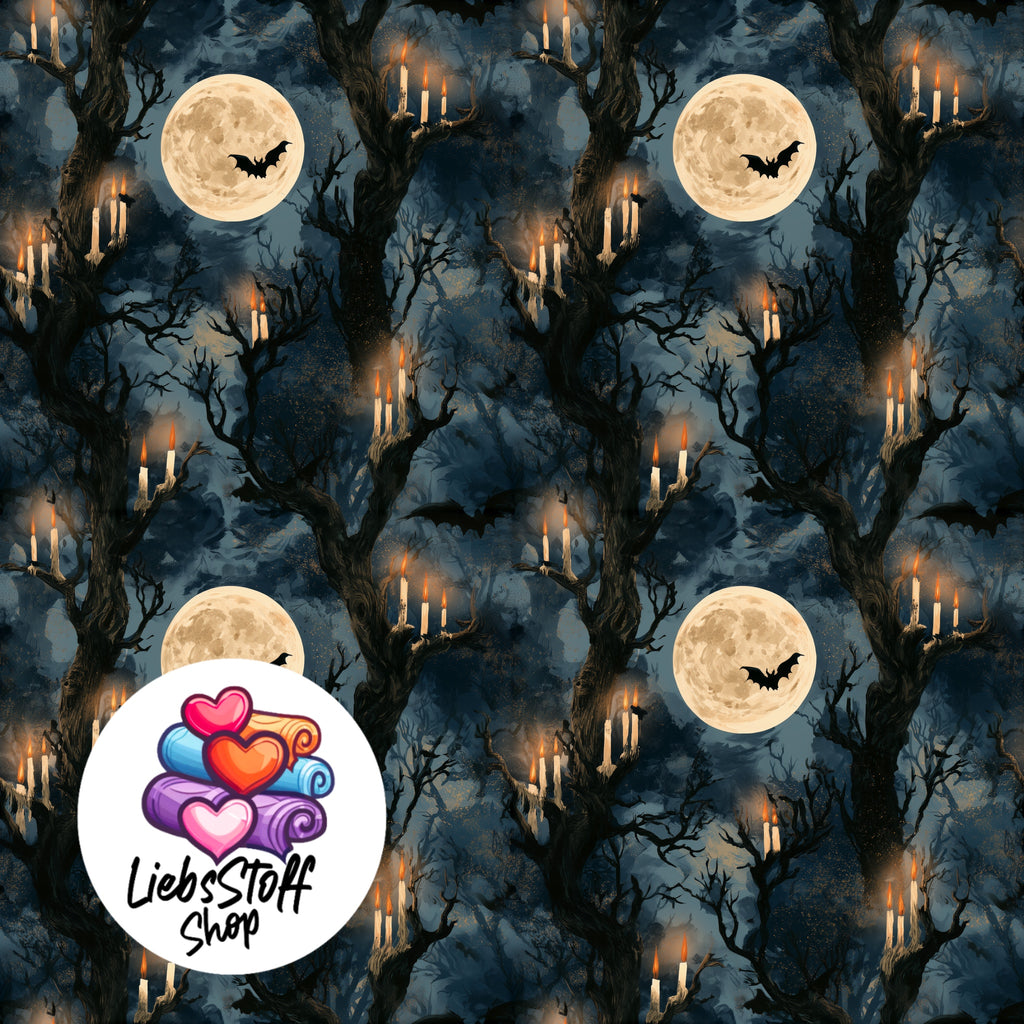 Meterware Stoff Vollmond Kerzen Wald