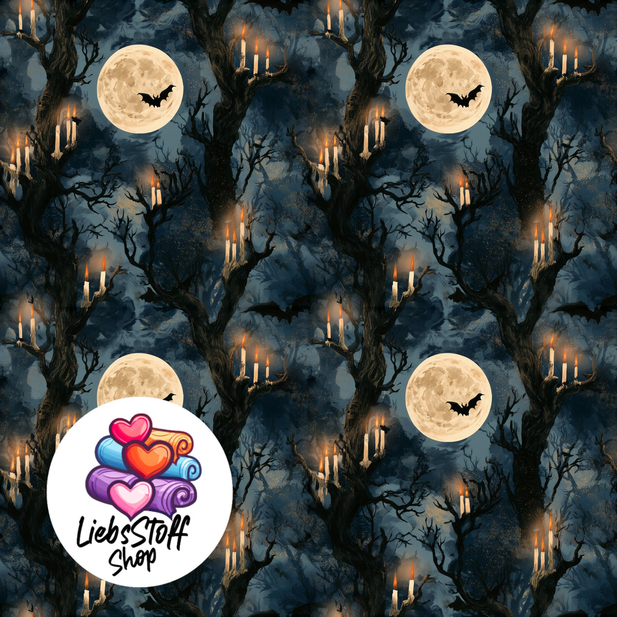 Meterware Stoff Vollmond Kerzen Wald