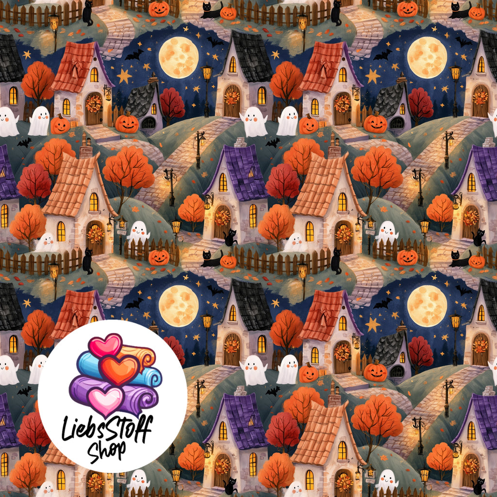 Meterware Stoff Halloween Stadt niedlich