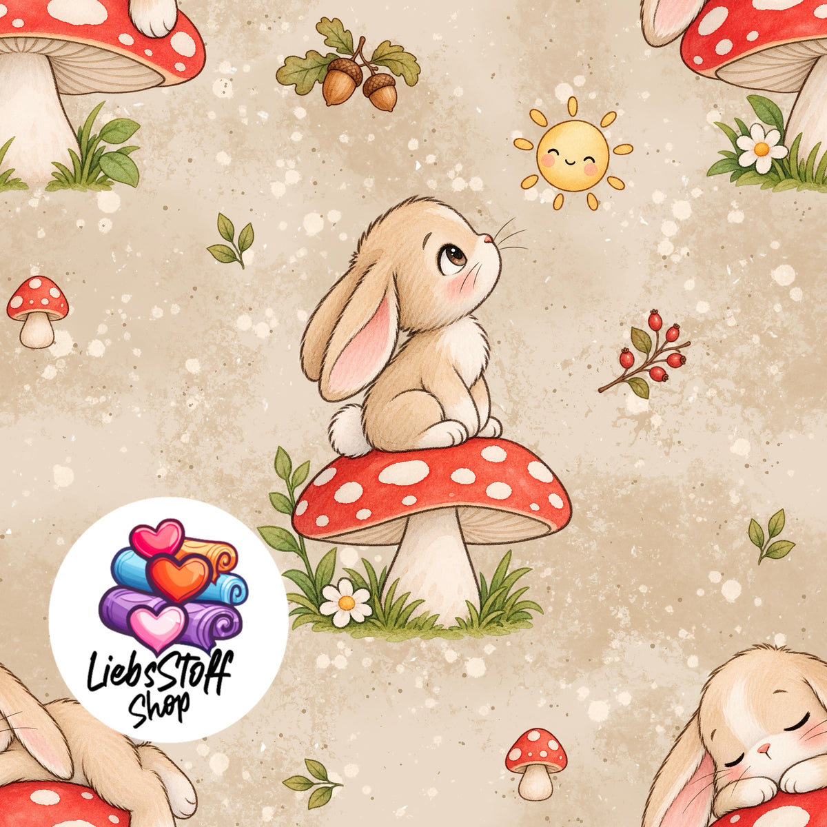 Meterware Stoff Hase mit Fliegenpilz