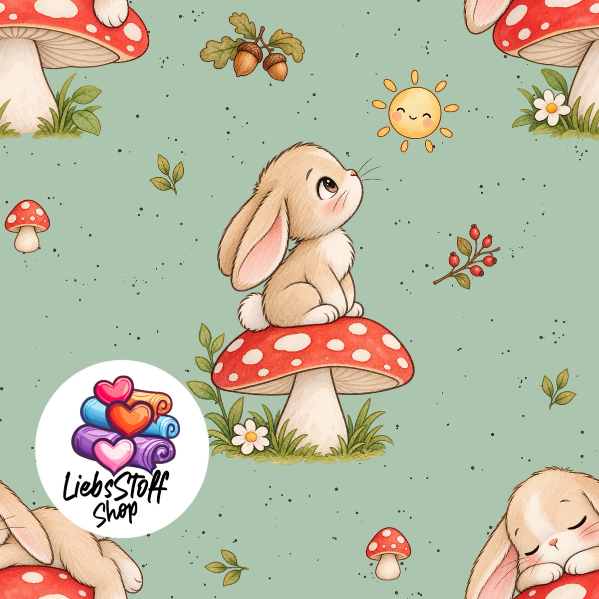 Meterware Stoff Hase mit Fliegenpilz