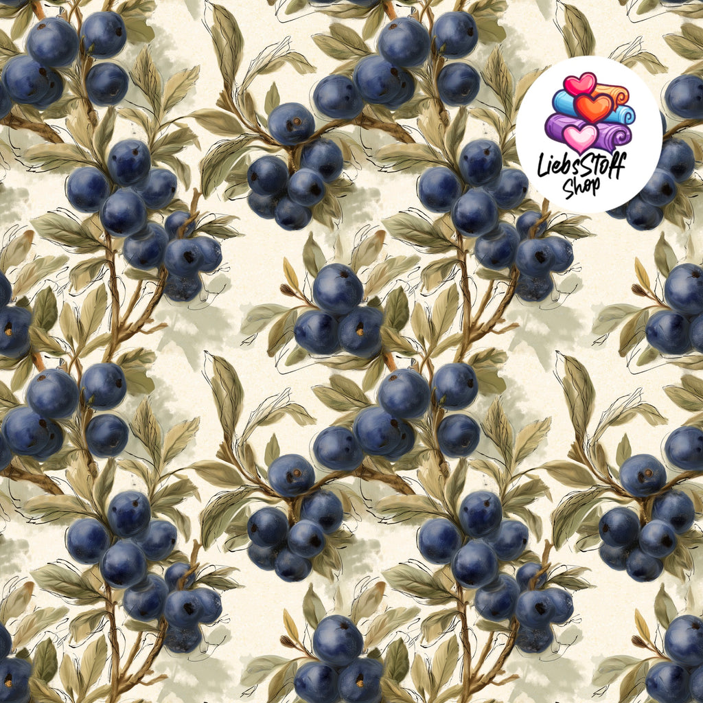 Meterware Stoff Herbst Beeren blau