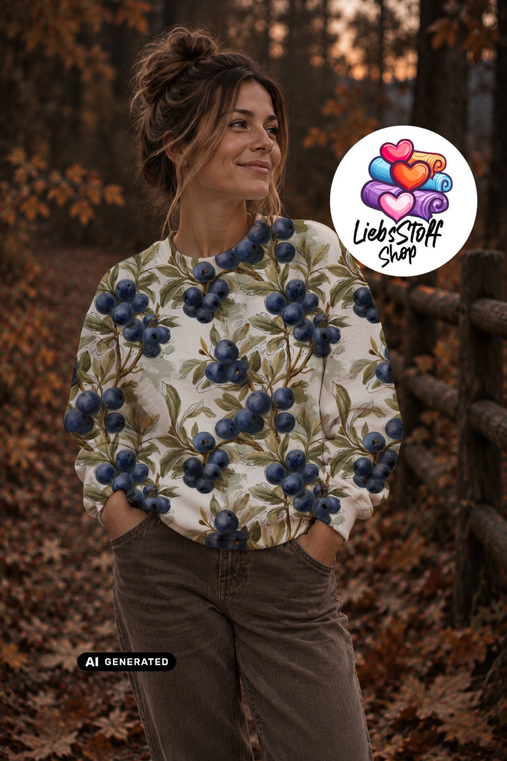 Meterware Stoff Herbst Beeren blau