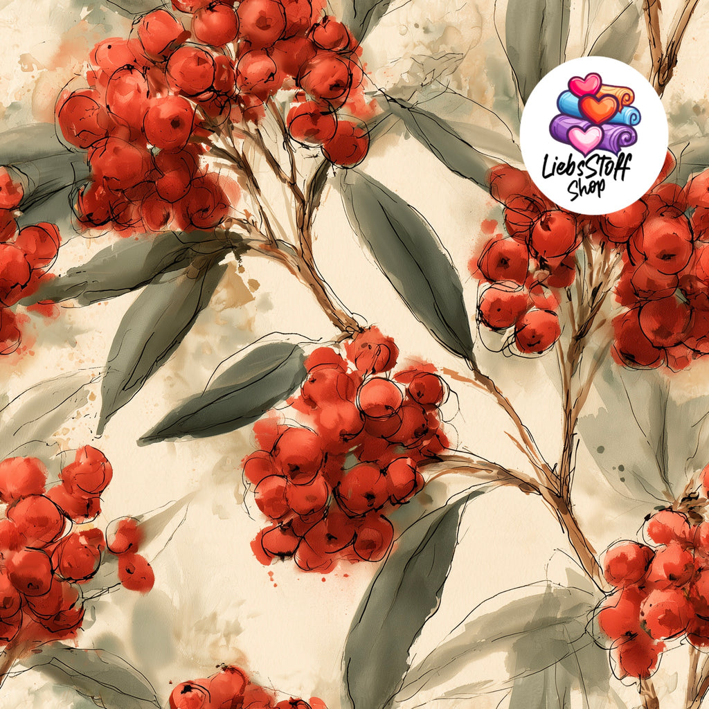 Meterware Stoff Herbst Beeren rot
