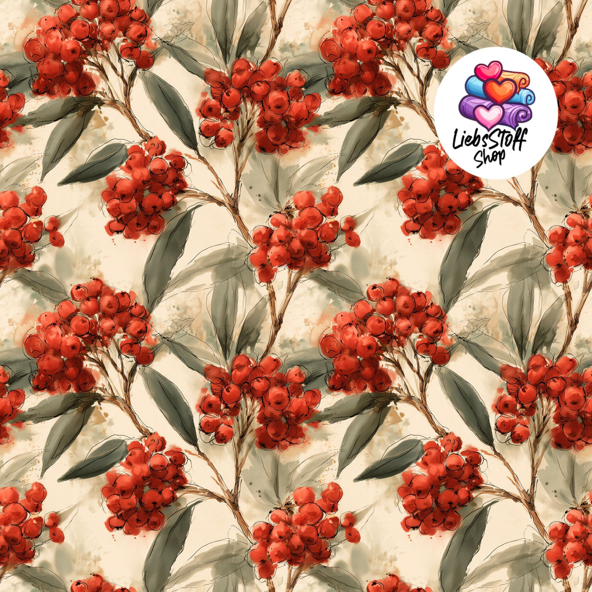 Meterware Stoff Herbst Beeren rot