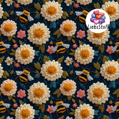 Meterware Stoff 3D Druck Bienen Blumen fake gestickt Navy