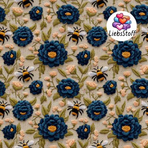Meterware Stoff 3D Druck Bienen Blumen fake gestickt
