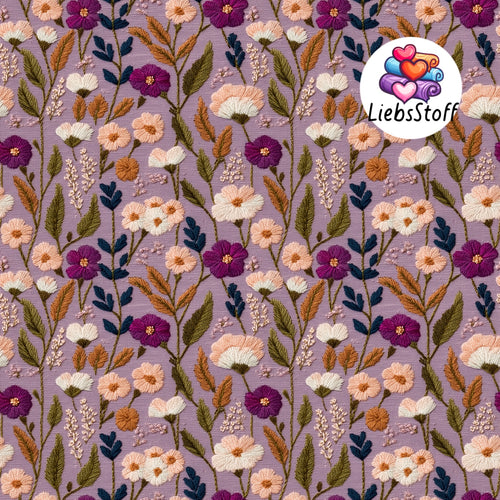 Meterware Stoff 3D Lila mauve Blumen fake gestickt