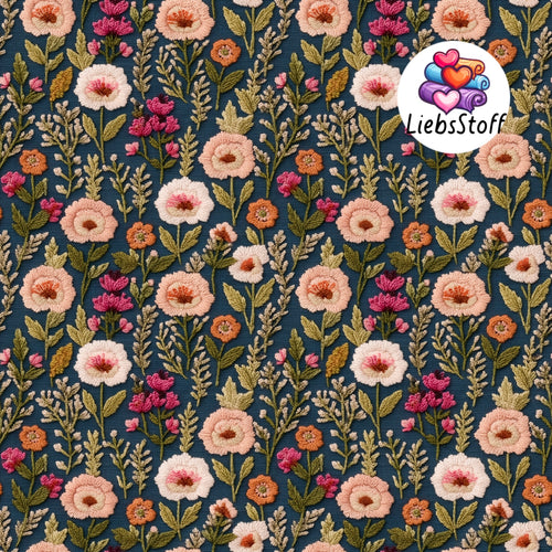 Meterware Stoff 3D Navy mauve Blumen gestickt knitted Optik