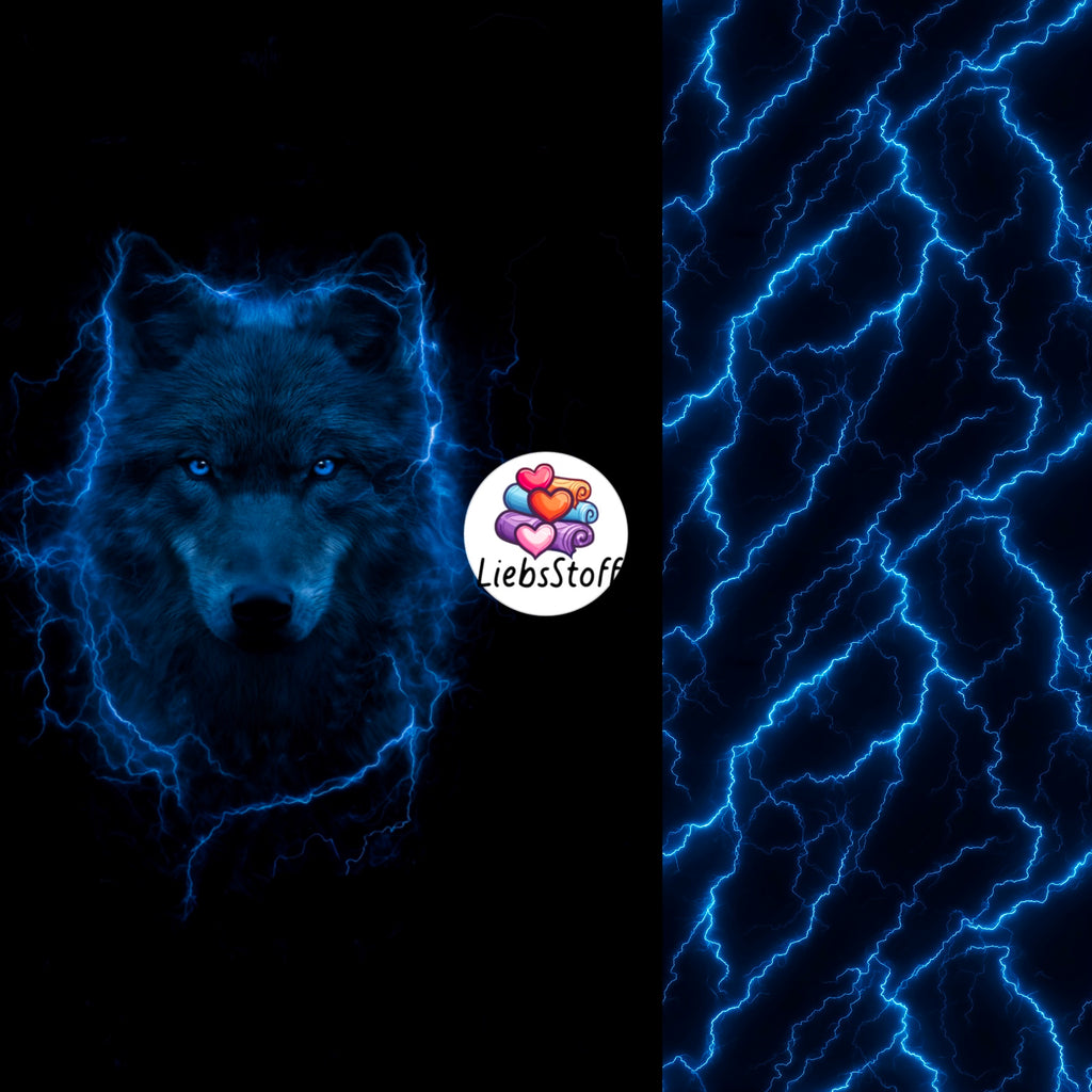 Meterware Stoff Panel Tier Wolf blau Neon