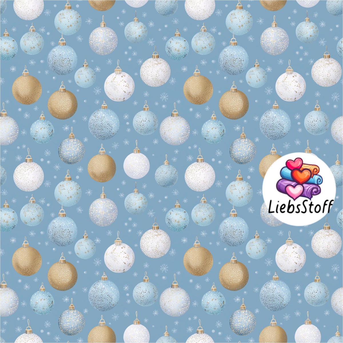 Meterware Stoff Weihnachtskugeln Weiß Gold Blau