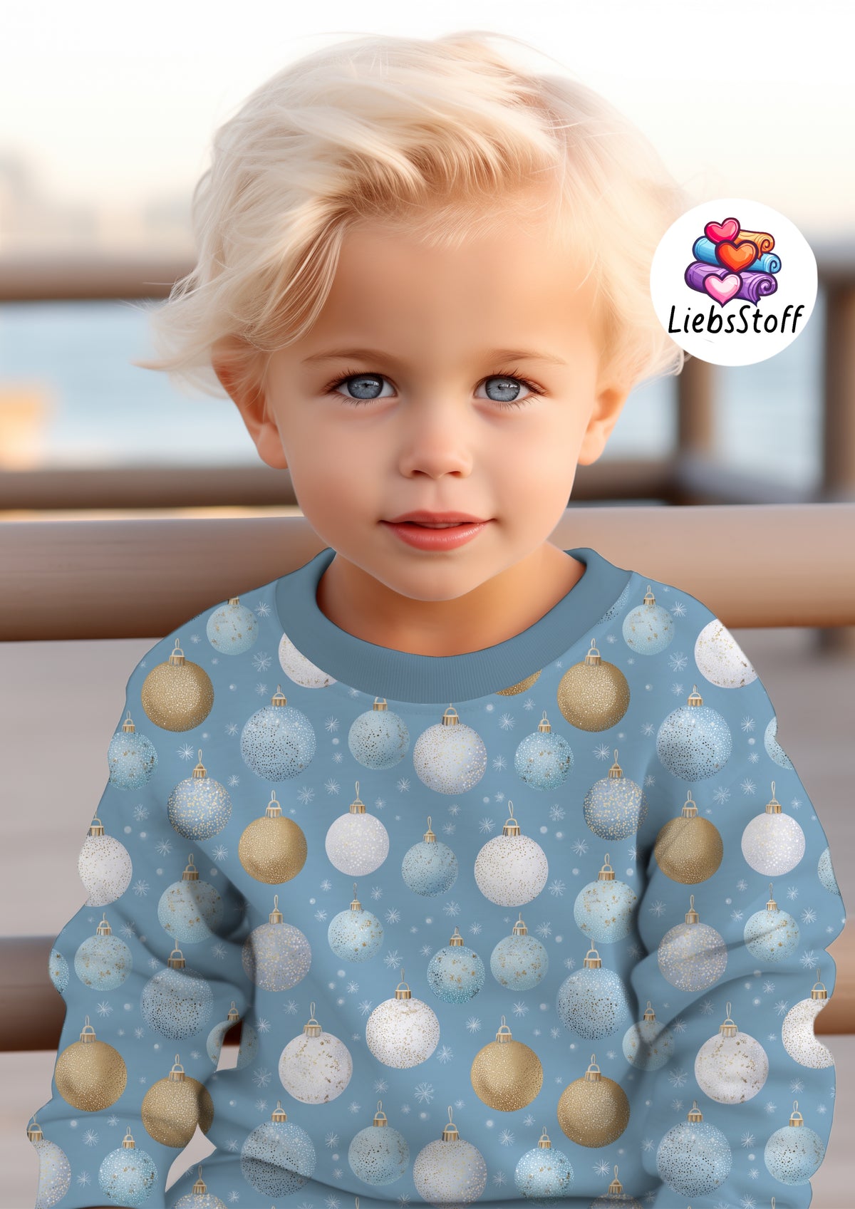 Meterware Stoff Weihnachtskugeln Weiß Gold Blau