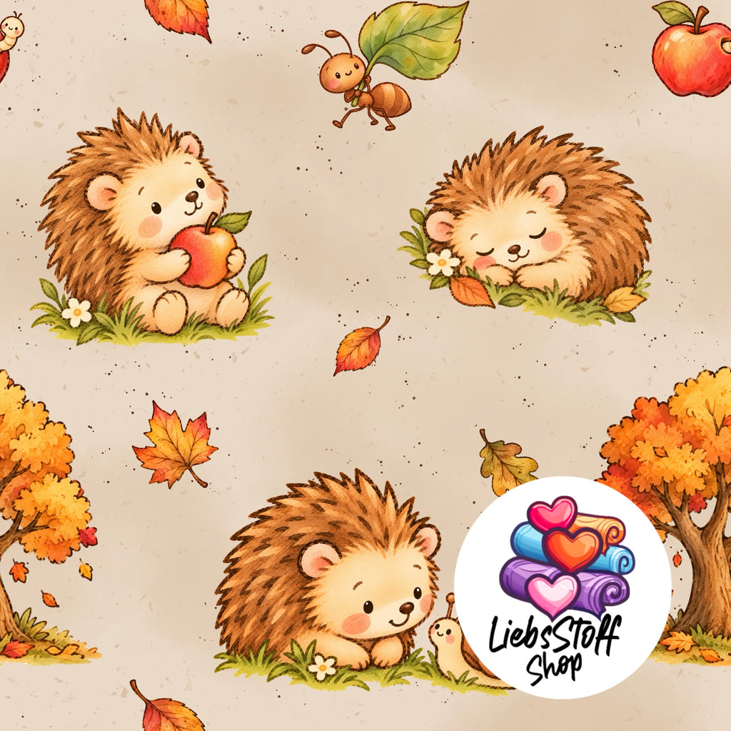 Meterware Stoff Igel mit Apfel Farbauswahl