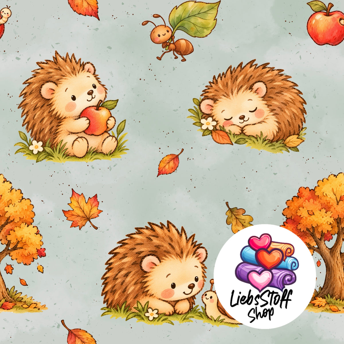 Meterware Stoff Igel mit Apfel Farbauswahl