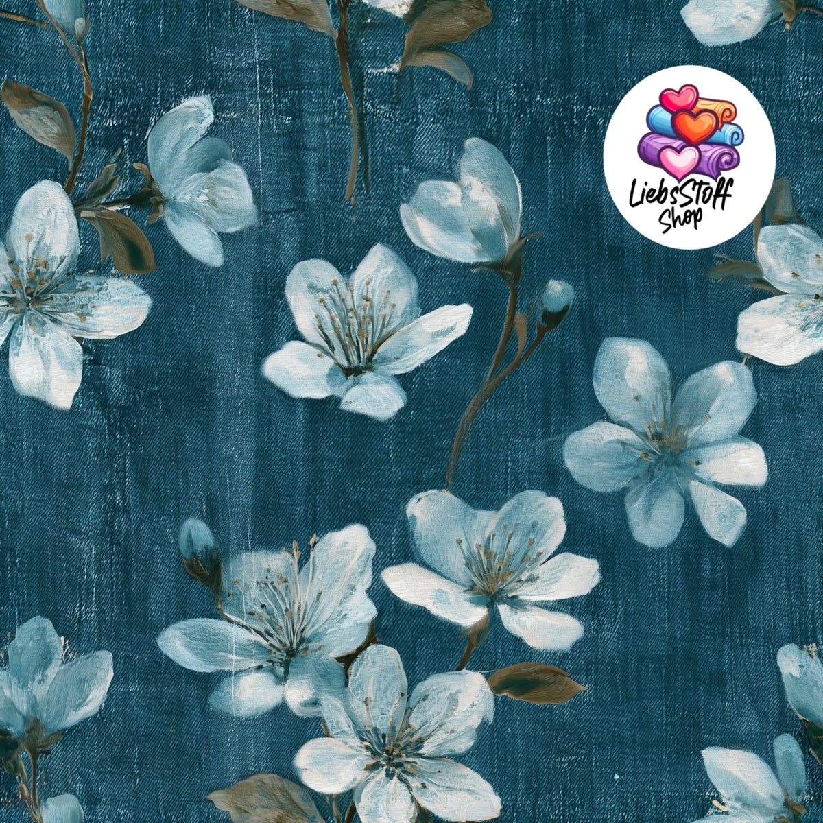 Meterware Stoff Fake Jeans mit Blumen