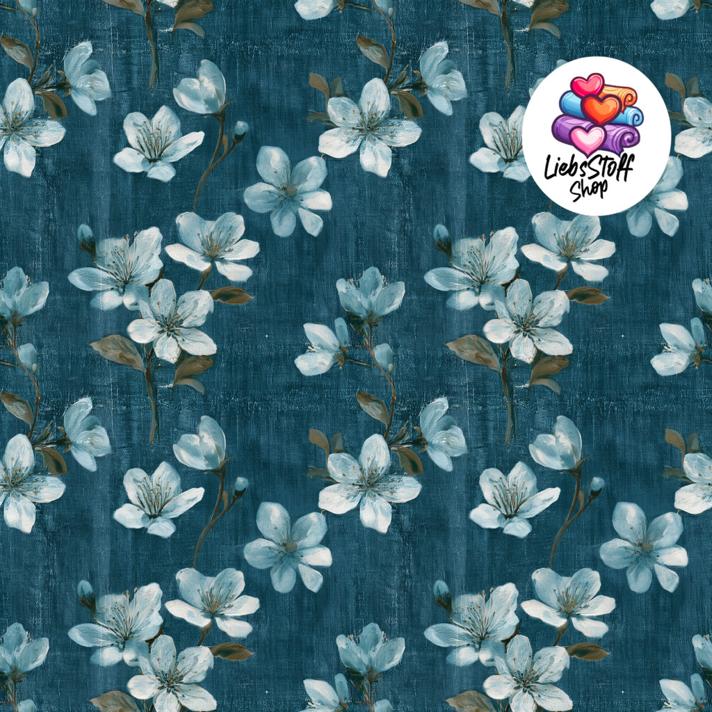 Meterware Stoff Fake Jeans mit Blumen