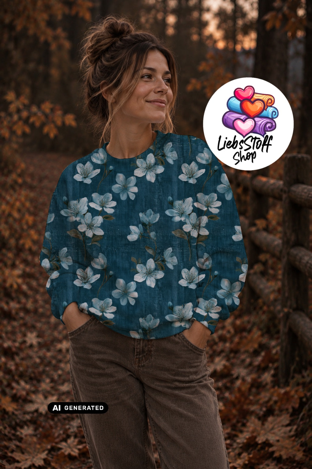 Meterware Stoff Fake Jeans mit Blumen