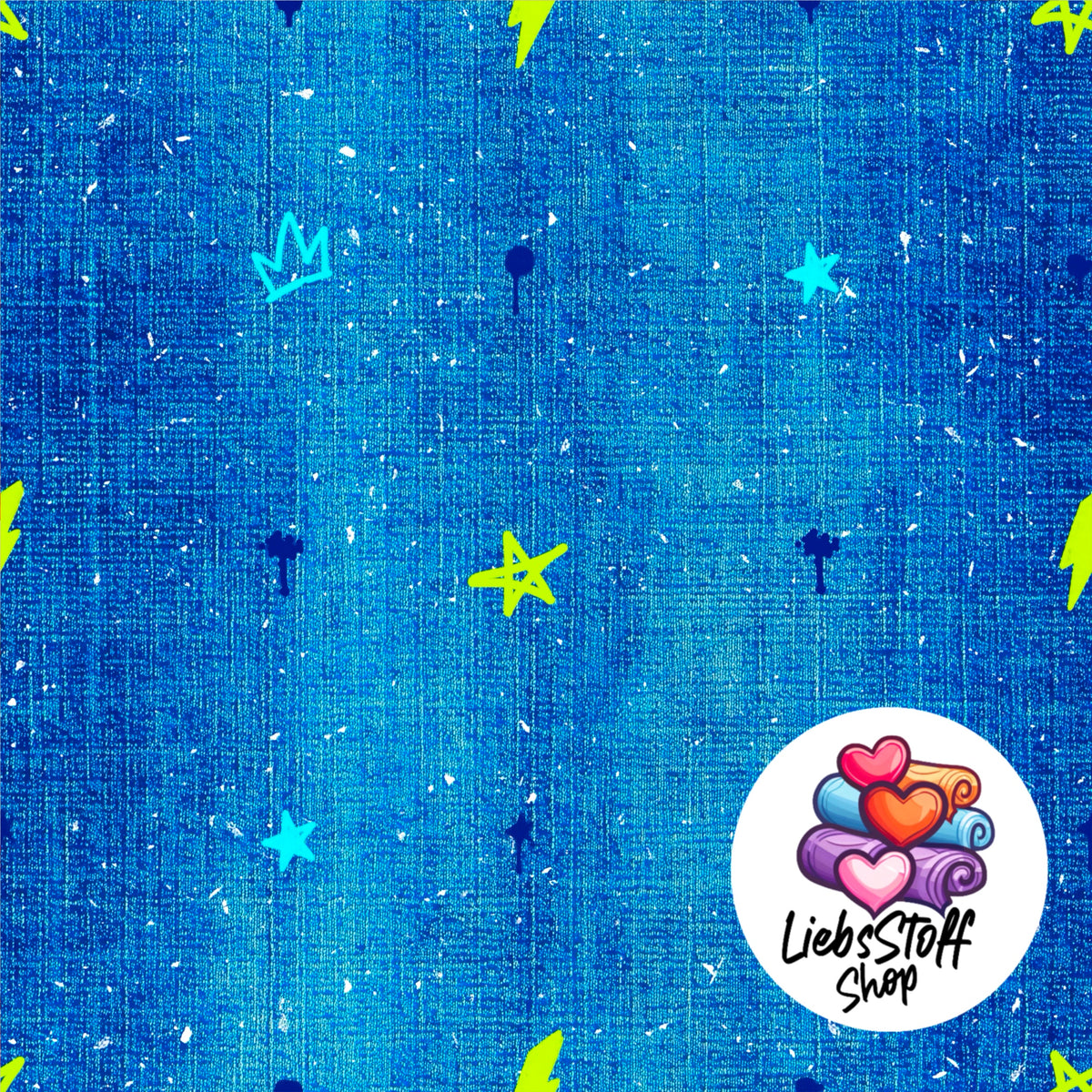 Meterware Stoff Fake Jeans Graffiti Neon