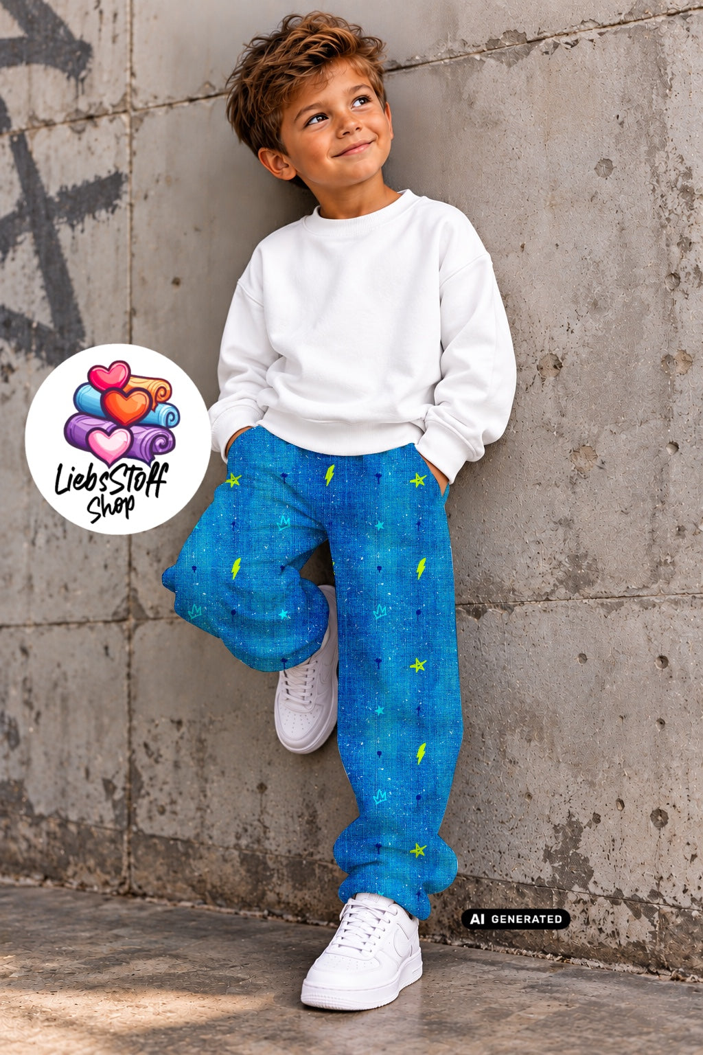Meterware Stoff Fake Jeans Graffiti Neon