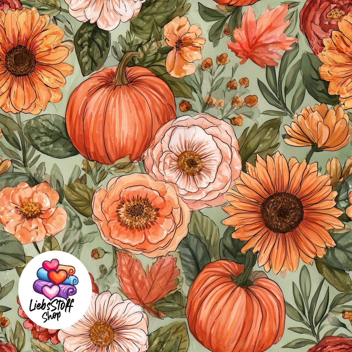 Meterware Stoff Kürbis mit Blumen