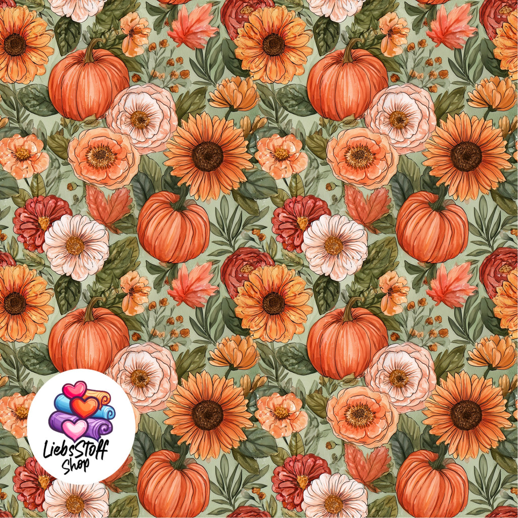 Meterware Stoff Kürbis mit Blumen