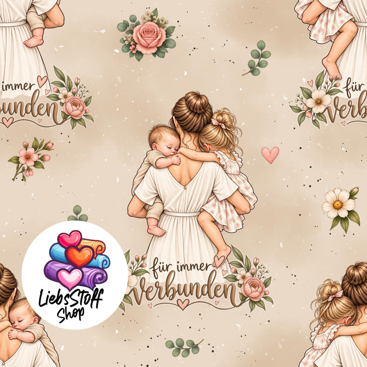 Meterware Stoff Mama mit Tochter und Baby Farbauswahl