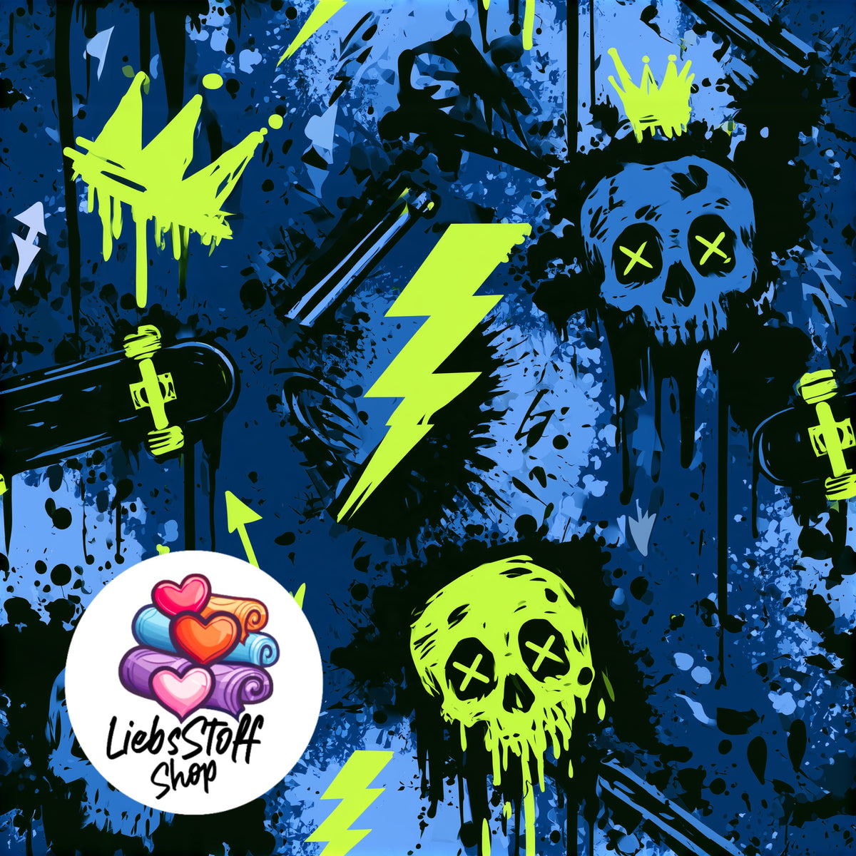 Meterware Stoff Cool Blau Neon Totenkopf Graffiti