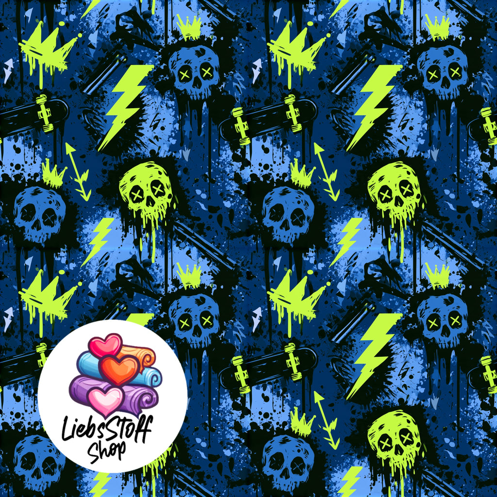 Meterware Stoff Cool Blau Neon Totenkopf Graffiti