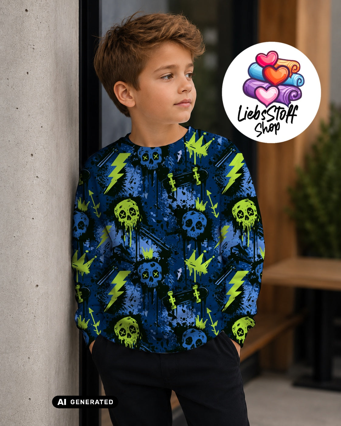 Meterware Stoff Cool Blau Neon Totenkopf Graffiti