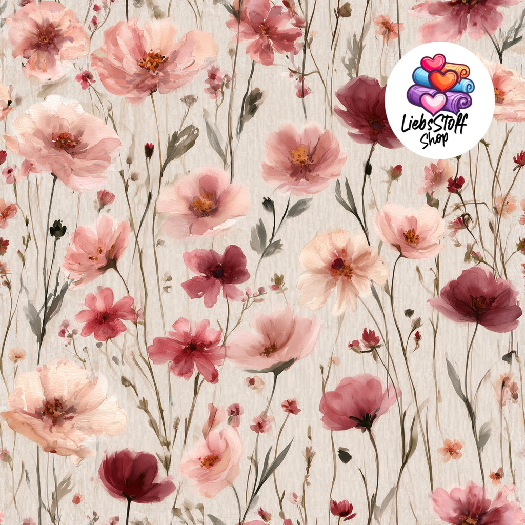 Meterware Stoff Pink Rosa Blumen Grau