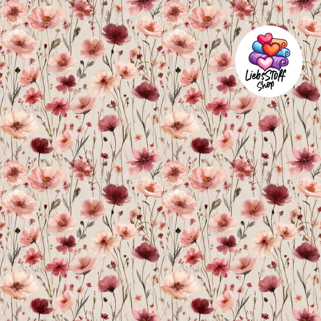 Meterware Stoff Pink Rosa Blumen Grau